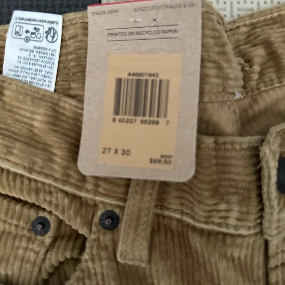 Levis Mens Corduroy Pants 27x30 Irregular Brown Cotton New With Tags MSRP $69.50